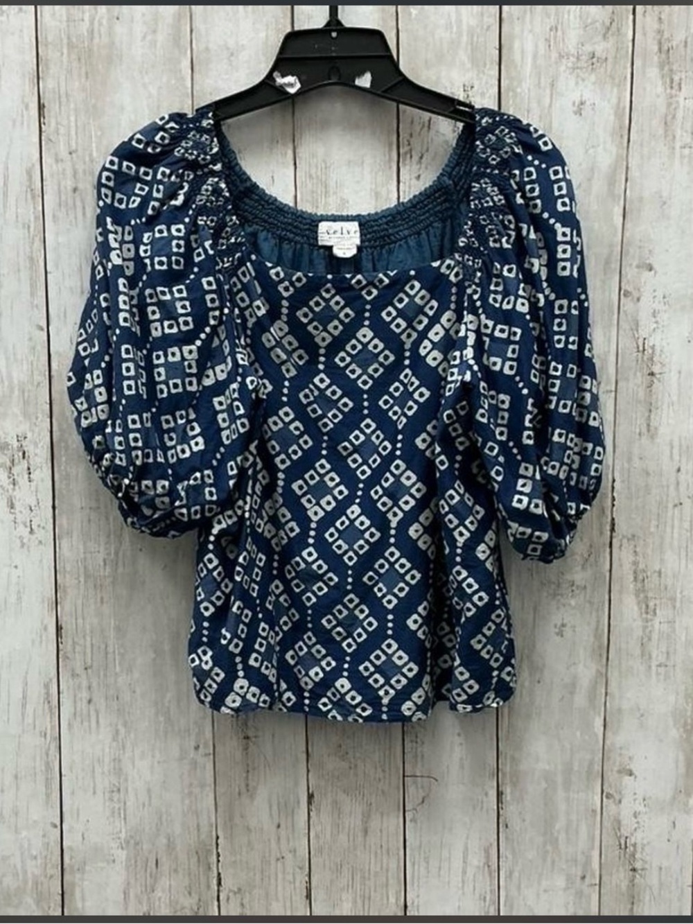 Anthropologie Velvet Heart Navy Geo Print Peasant Top Cotton/Silk Small